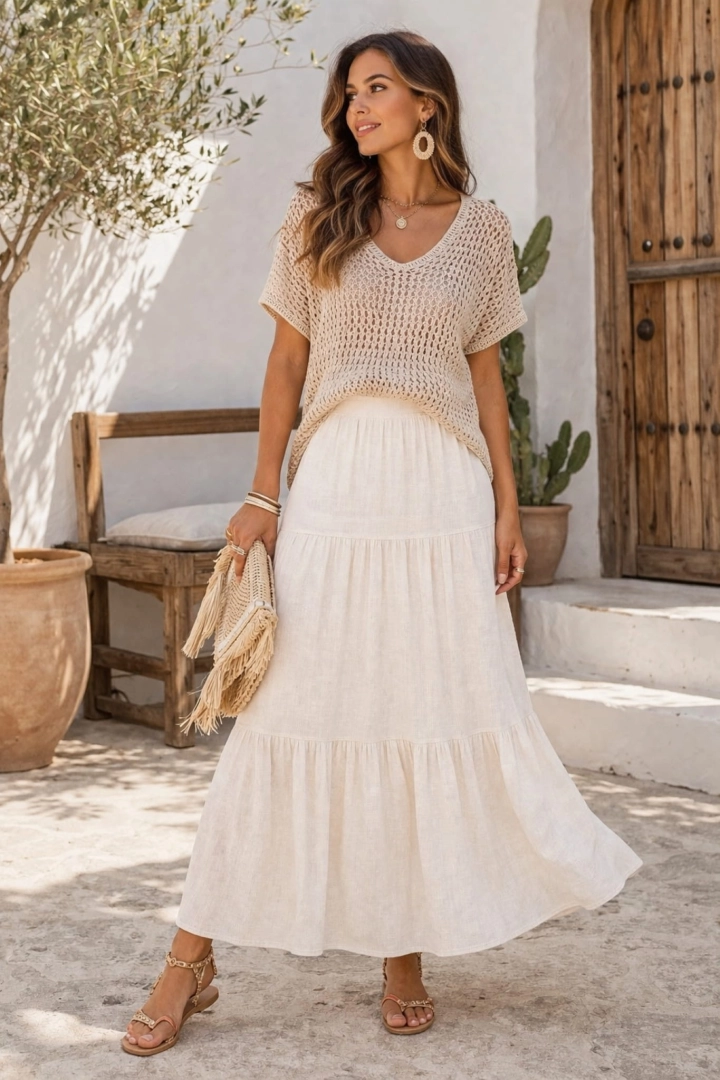 Spódnica maxi boho na gumce z przeszyciami i falbanką delikatnie rozkloszowana Montelepre beżowa