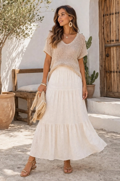 Spódnica maxi boho na gumce z przeszyciami i falbanką delikatnie rozkloszowana Montelepre beżowa