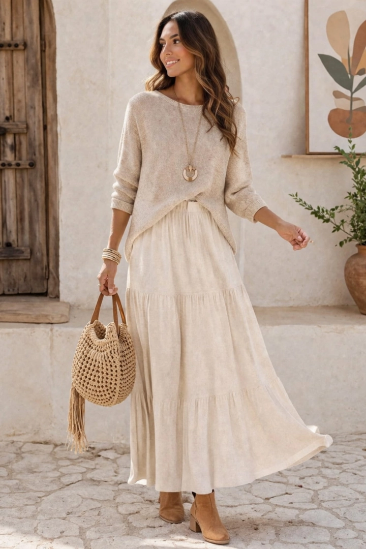 Spódnica maxi boho Montelepre beżowa na gumce z przeszyciami i falbanką delikatnie rozkloszowana