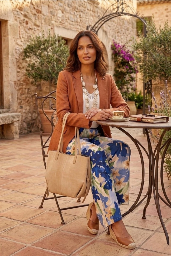 Spodnie wide leg satynowe Musestre niebieskie z beżowym z gumką w pasie i kieszeniami w kwiaty