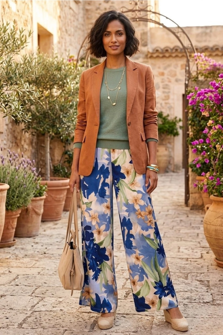 Musestre niebieskie z beżowym spodnie wide leg satynowe z gumką w pasie i kieszeniami w kwiaty