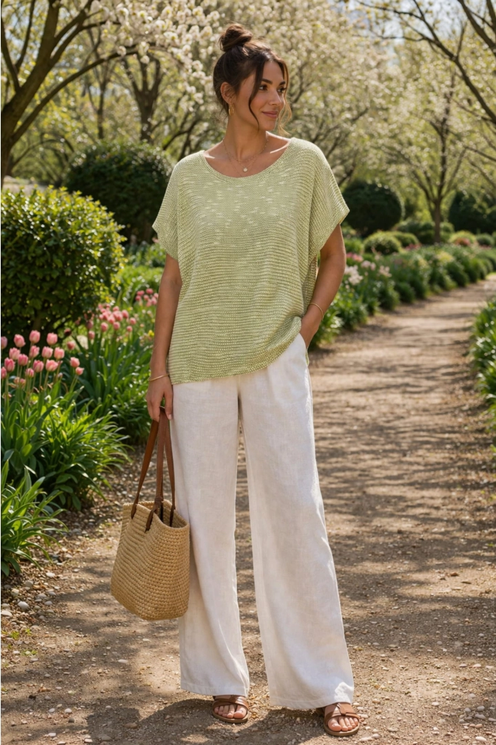 Bluzka oversize asymetryczna z krótkim rękawem okrągłym dekoltem i ozdobną srebrną nitką Casinalbo matcha