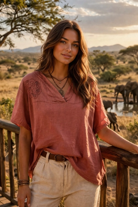 Bluzka lniana damska oversize z krótkim rękawem dekoltem V i ażurowymi kwiatkami Burano ceglana