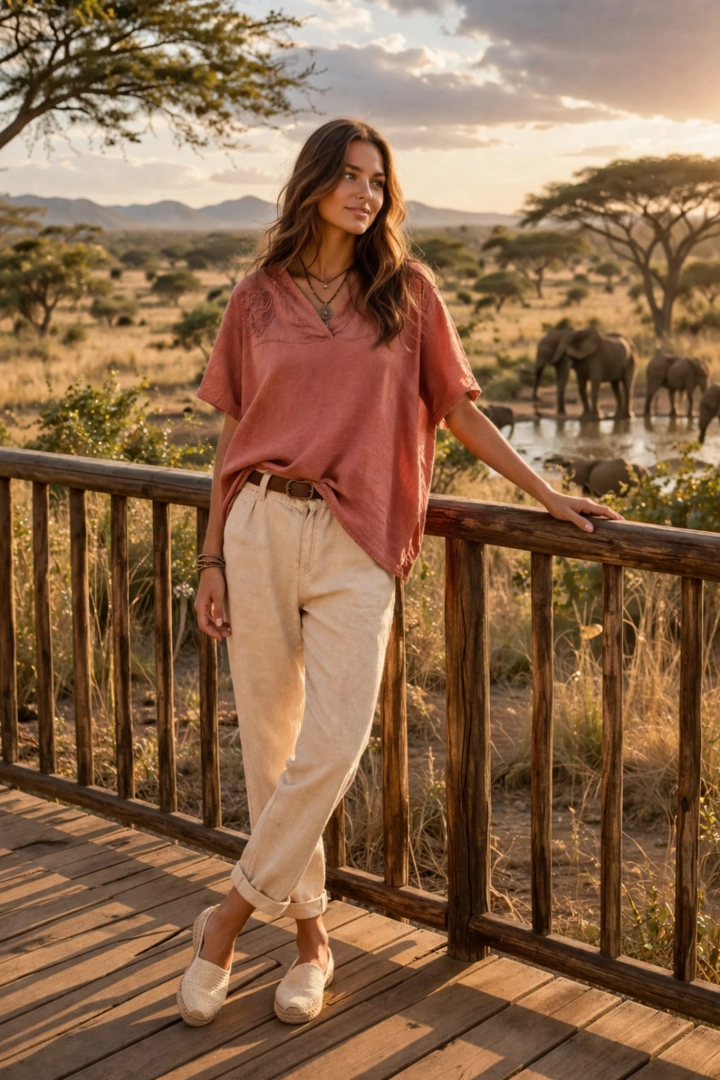 Ceglana bluzka lniana damska oversize z krótkim rękawem dekoltem V i ażurowymi kwiatkami Burano