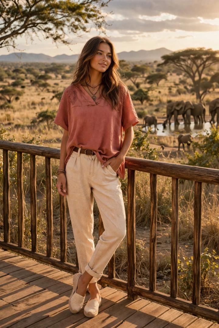 Bluzka lniana oversize Burano ceglana z krótkim rękawem dekoltem V i ażurowymi kwiatkami