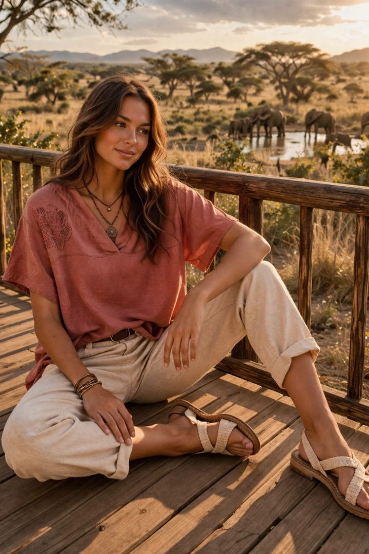 Bluzka lniana damska oversize ceglana Burano z krótkim rękawem dekoltem V i ażurowymi kwiatkami