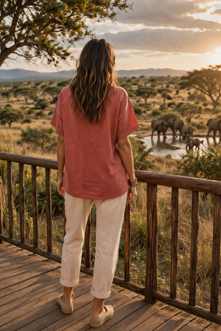 Burano ceglana bluzka lniana damska oversize z krótkim rękawem dekoltem V i ażurowymi kwiatkami