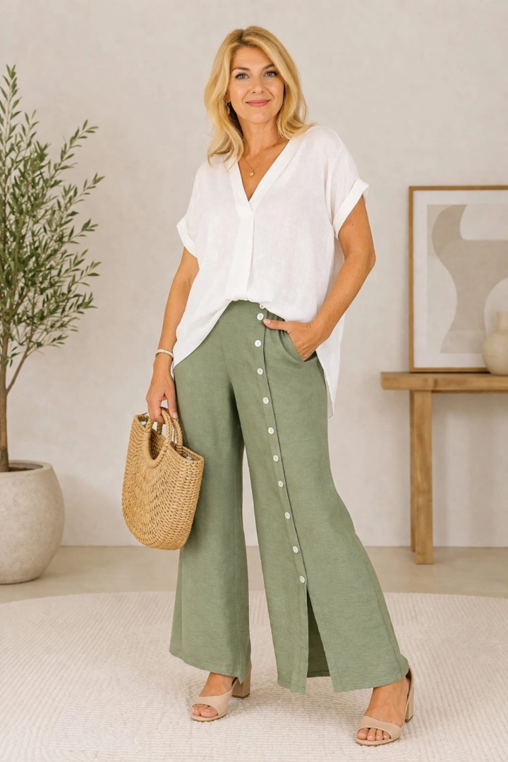 Spodnie damskie Mulinia khaki wide leg z wysokim stanem i ozdobnymi guzikami eleganckie palazzo