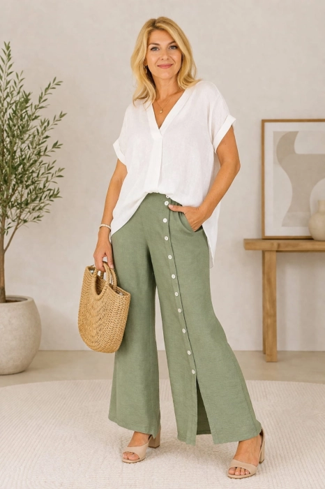 Spodnie damskie Mulinia khaki wide leg z wysokim stanem i ozdobnymi guzikami eleganckie palazzo