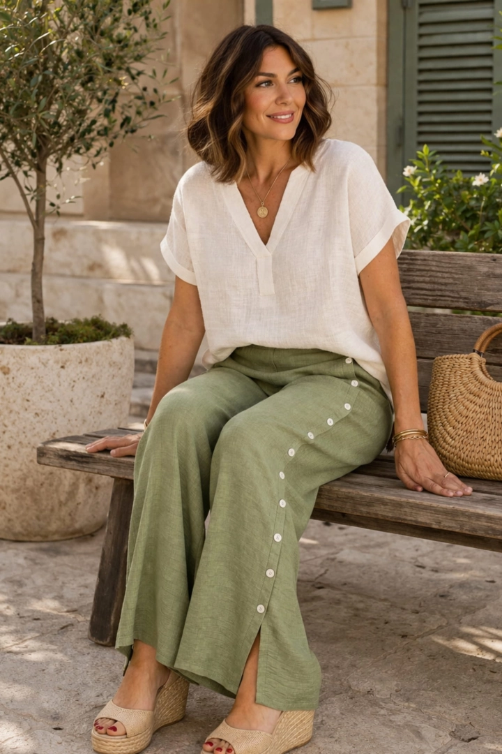 Spodnie khaki Mulinia damskie szerokie nogawki wide leg wysoki stan z guzikami eleganckie