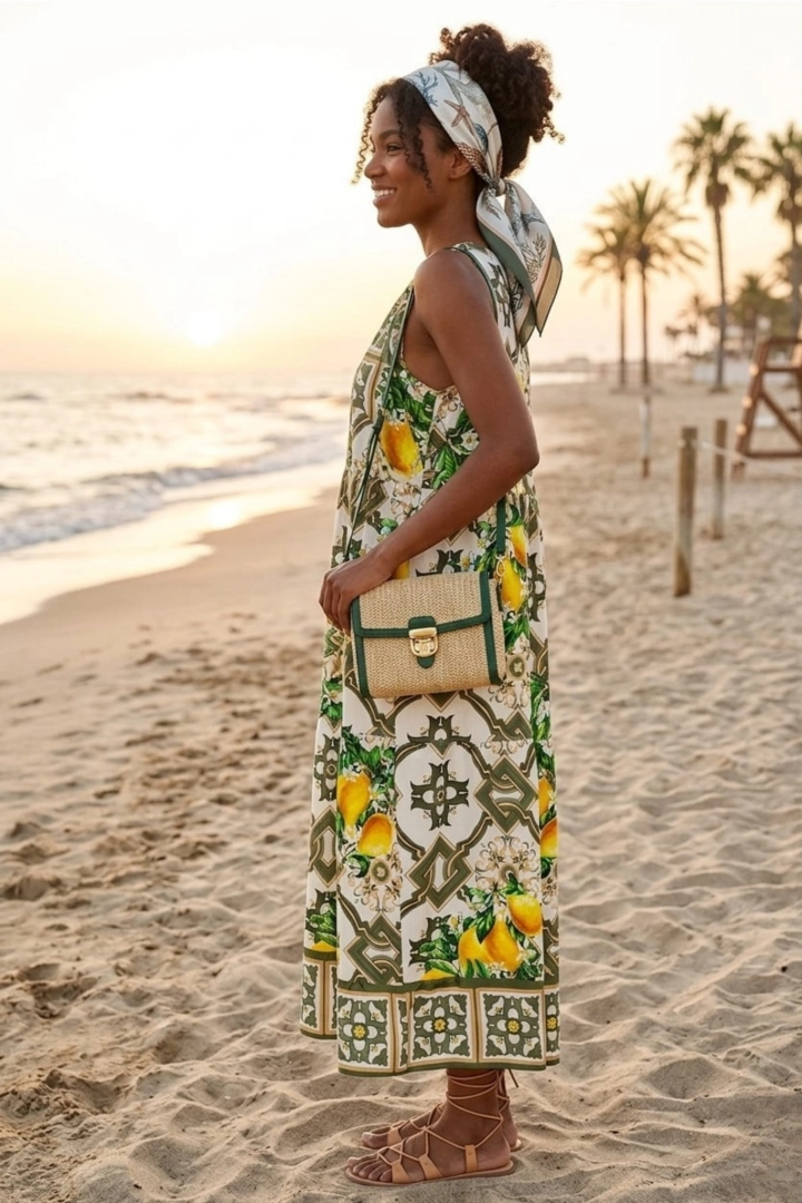 Sukienka maxi khaki Antegnate z cytrynowym wzorem na grubych ramiączkach rozkloszowana wakacyjna