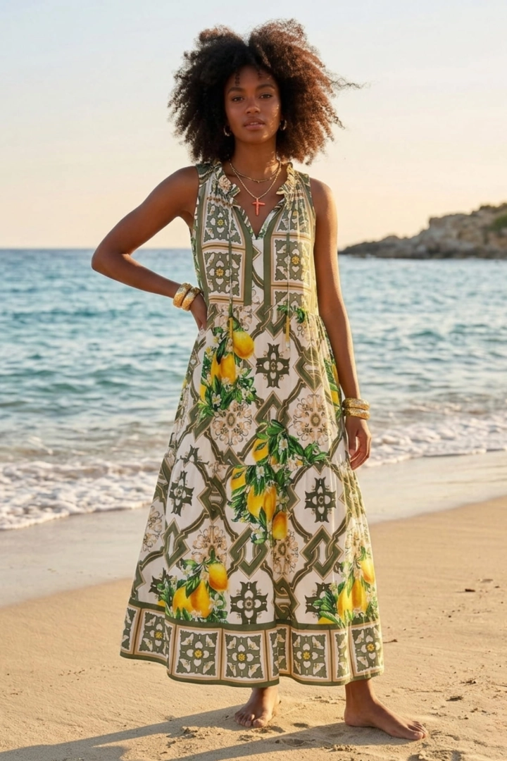 Sukienka maxi damska Antegnate khaki z printem cytryn na grubych ramiączkach rozkloszowana letnia
