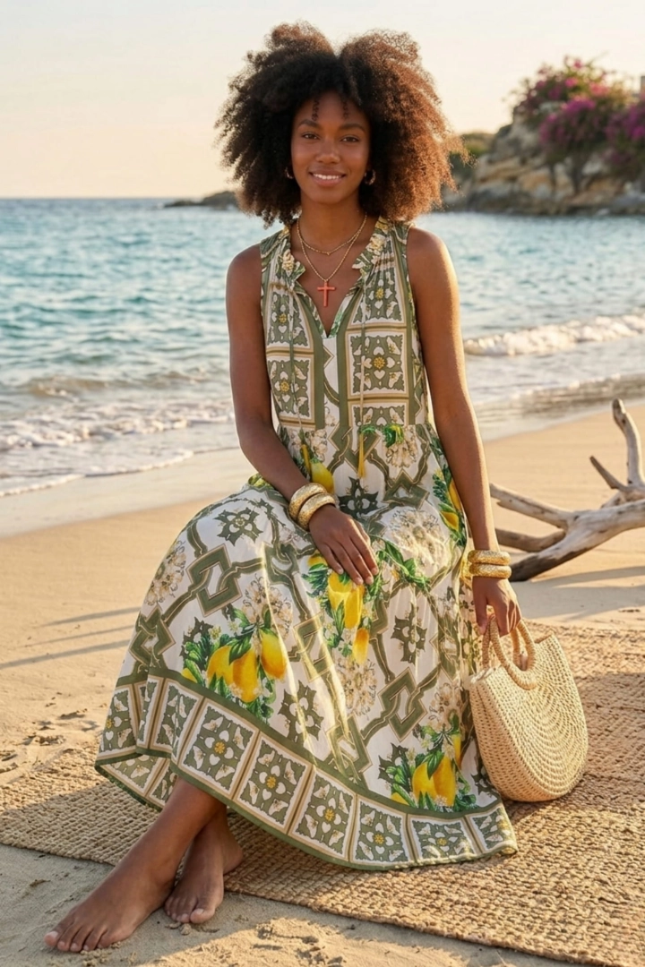 Sukienka maxi Antegnate cytryny print khaki rozkloszowana na grubych ramiączkach lekka sukienka na lato