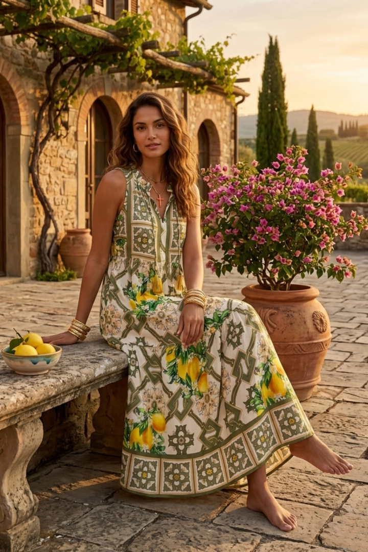 Sukienka maxi rozkloszowana na grubych ramiączkach z cytrynowym printem Antegnate khaki