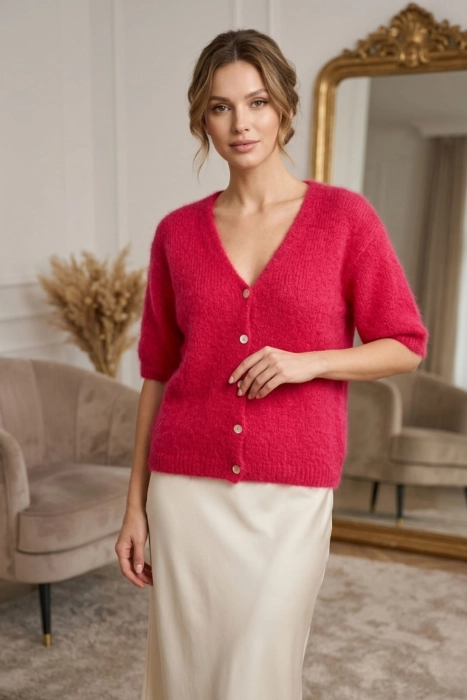 Sweterek damski Lecca fuksja na guziki z krótkim rękawem i dekoltem V lekki kardigan dzianinowy