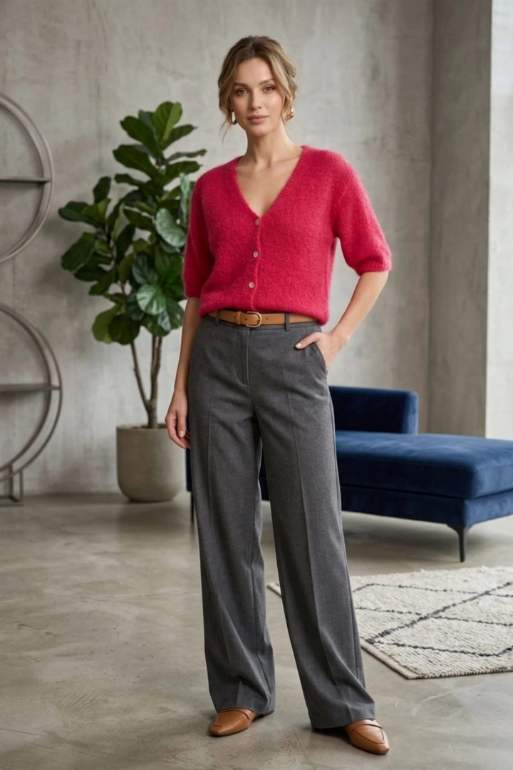 Kardigan damski Lecca fuksja na guziki z krótkim rękawem i dekoltem V lekki sweter dzianinowy