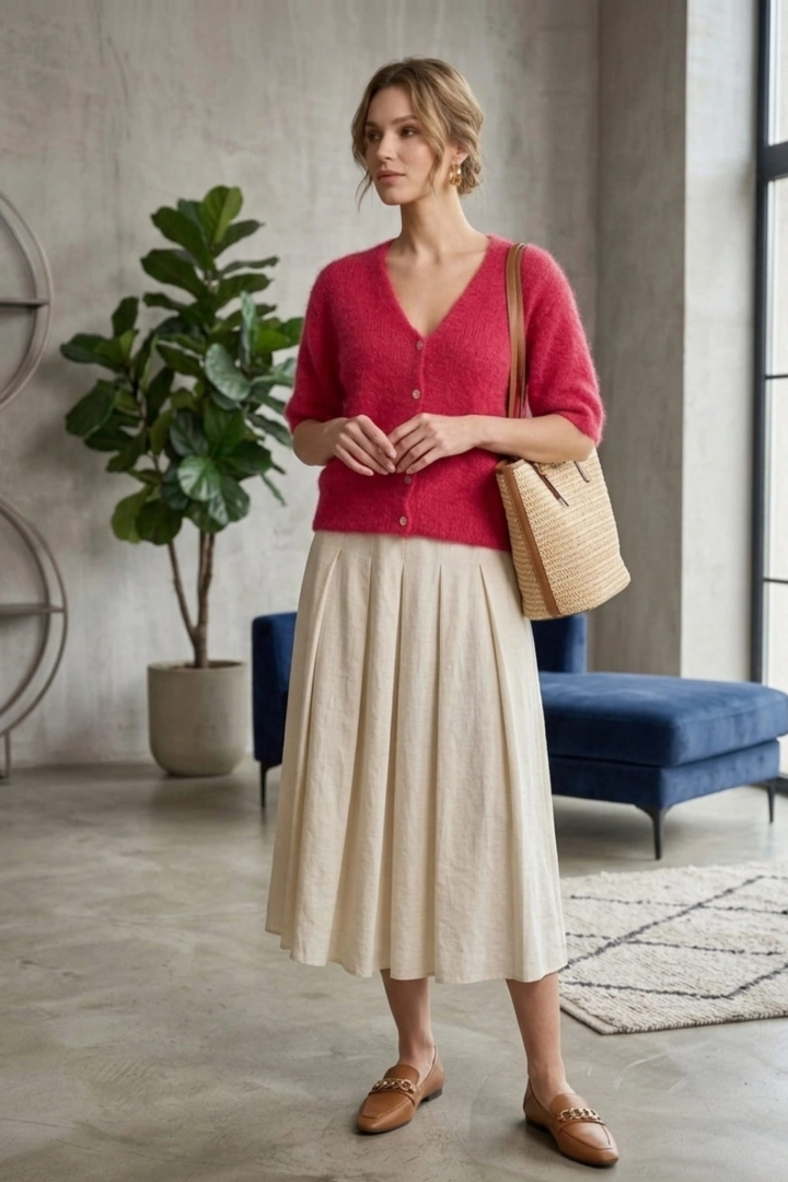 Sweterek damski Lecca fuksja z dekoltem V zapinany na guziki cienki i lekki na wiosenne dni