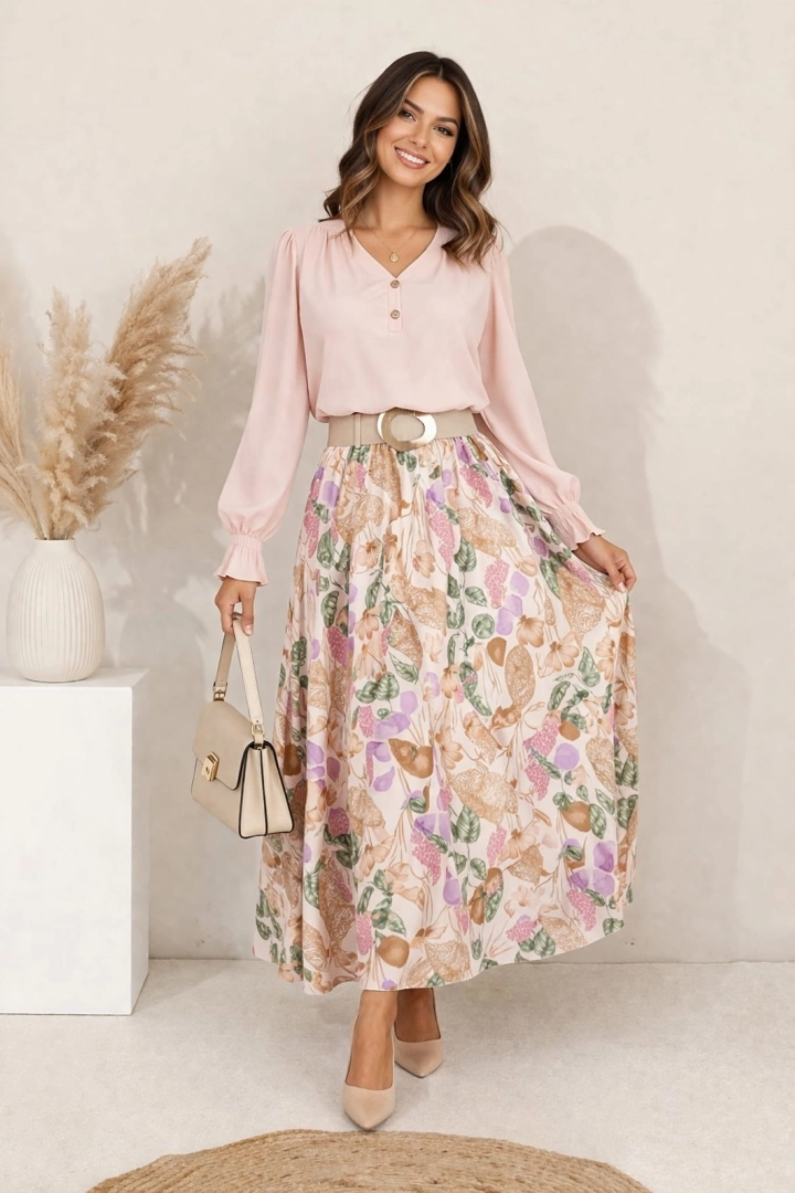 Spódnica maxi rozkloszowana na gumce boho w kwiatowy print Fardella beż z camelem