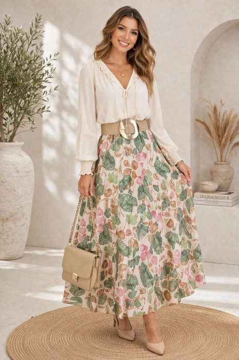 Spódnica damska Fardella maxi beż z zielonymi kwiatami rozkloszowana na gumce styl boho lekka