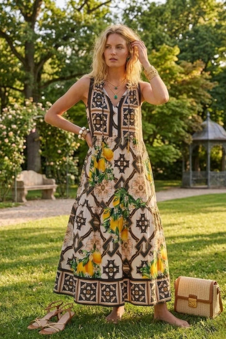 Sukienka maxi Antegnate brązowa rozkloszowana na grubych ramiączkach z cytrynowym printem letnia