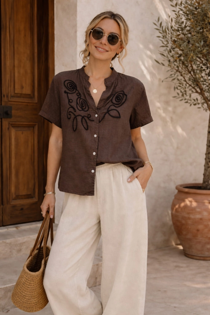 Koszula damska Nucarella lniana boho brązowa z haftem krótki rękaw zapinana na guziki lekka