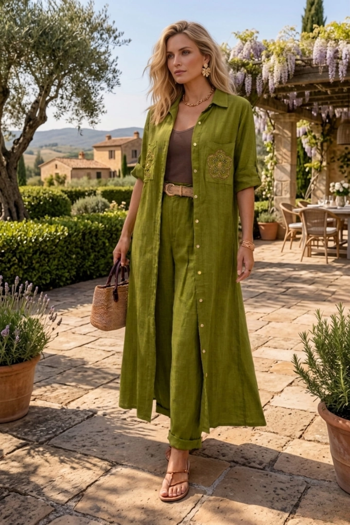 Narzutka lniana z ozdobnymi kieszeniami w cekiny z kołnierzem  zapinana na guziki Mogliano zielona 