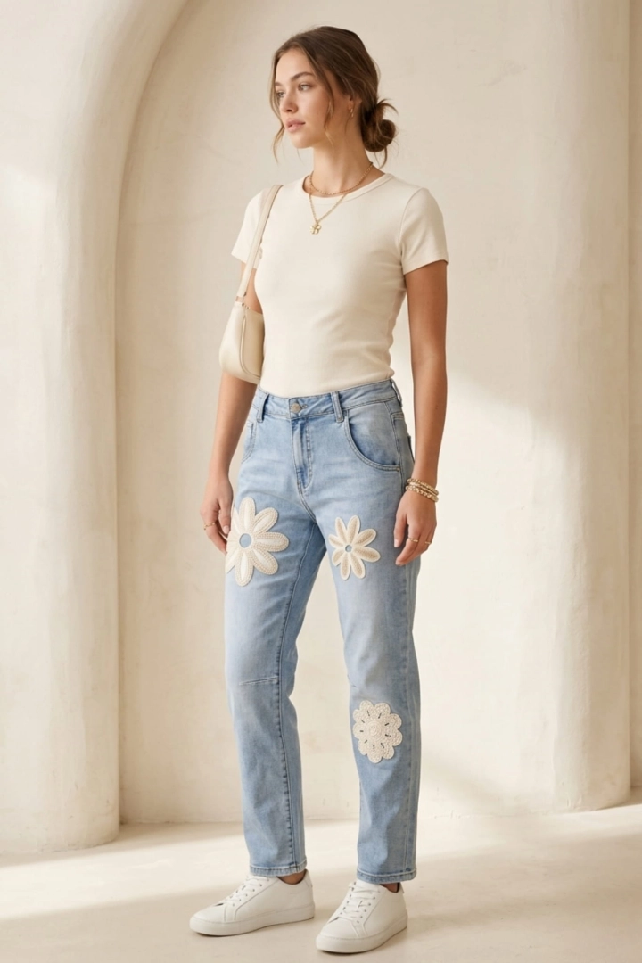 Jeansy slim fit damskie Pianteda jasny niebieski denim z kwiatami naszywanymi i przeszyciami z tyłu