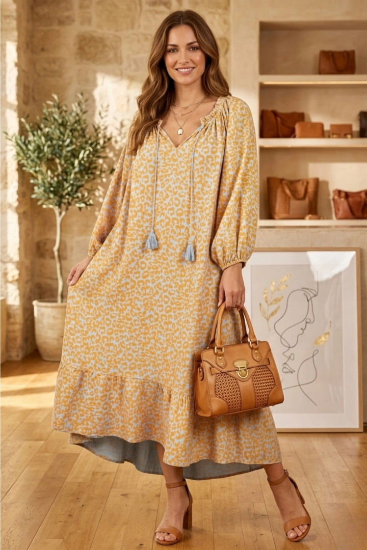 Sukienka maxi hiszpanka oversize muślinowa z długim rękawem falbanką na dole wzór panterka Recoleta błękitna