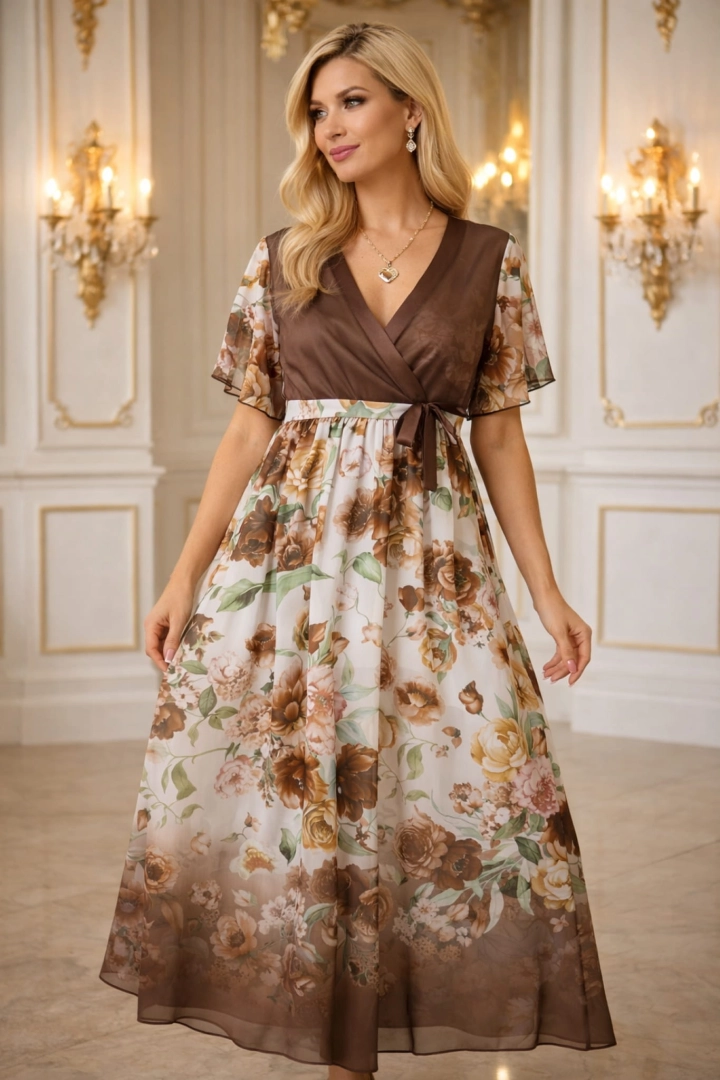  Sukienka maxi w kwiaty z kopertowym dekoltem krótkim rękawem szlufkami i wiązaniem pod biustem Lidarno biało brązowa