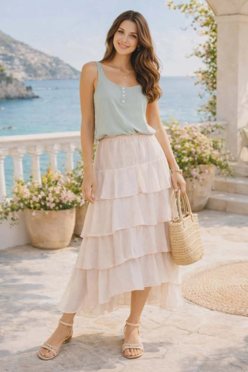 Spódnica maxi Maronti blush róż boho z falbankami i rozkloszowanym dołem
