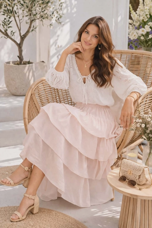 Spódnica maxi Maronti pudrowy róż z falbanami lekka na gumce styl boho