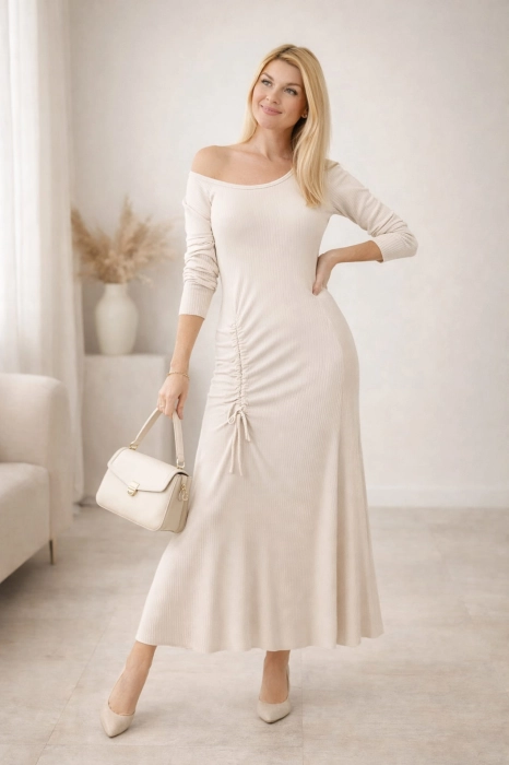 Sukienka maxi prążkowana z regulacją na przodzie długim rękawem i okrągłym dekoltem Lumezzana beżowa jasna