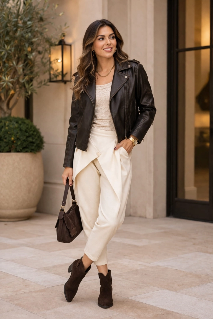 Ramoneska damska Aurunca brązowa z eko skóry na suwak dopasowana styl miejski