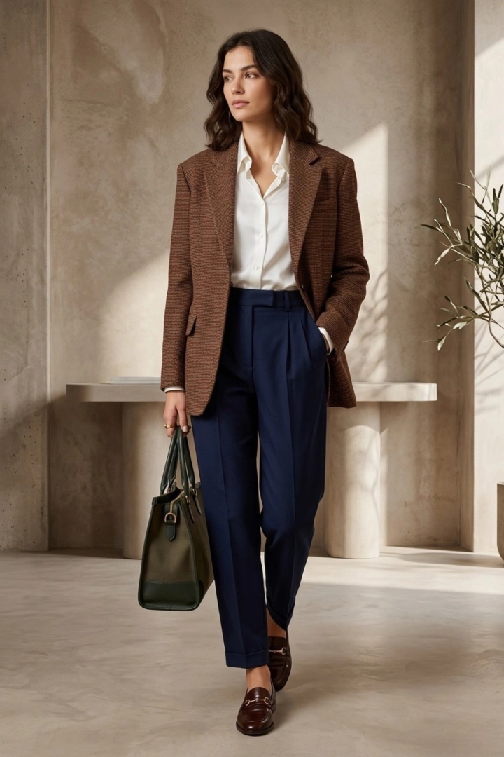 marynarka damska w kratę elegancka oversize camel z bordowym z kieszeniami Tronto