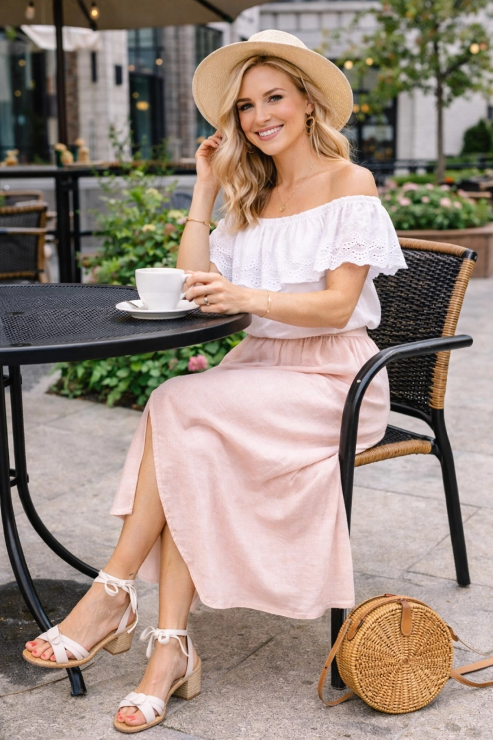  Spódnica maxi lniana na gumce z kieszeniami rozcięciem i asymetryczną falbanką Vescia pudrowo różowa