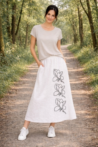 spódnica maxi lniana oversize na gumce z kieszeniami wzór kwiatowy biała Pinetamara