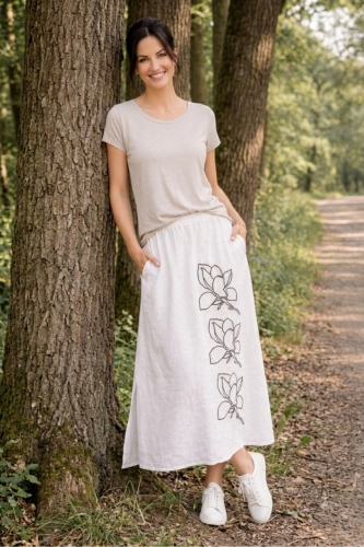 spódnica lniana maxi biała oversize na gumce z kieszeniami i wzorem kwiatowym Pinetamara