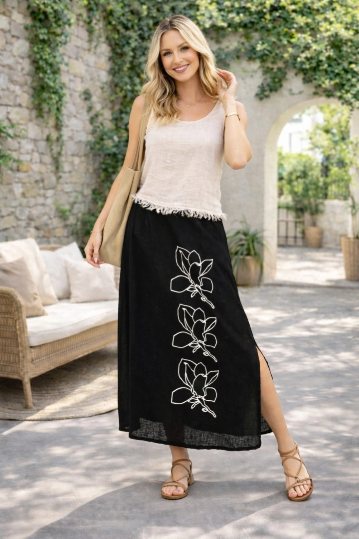 spódnica maxi lniana czarna oversize boho na gumce z kieszeniami Pinetamara