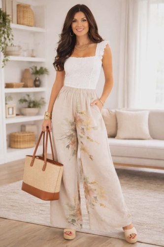 spodnie lniane damskie na gumce z kieszeniami boho letnie w kwiaty beżowe Dorariparia