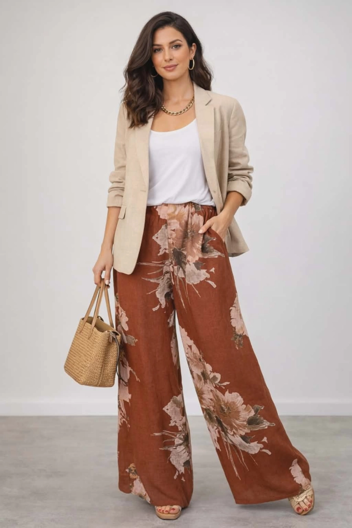 Spodnie palazzo lniane z kieszeniami na gumce i wysokim stanem w kwiaty Tavullia cynamonowe