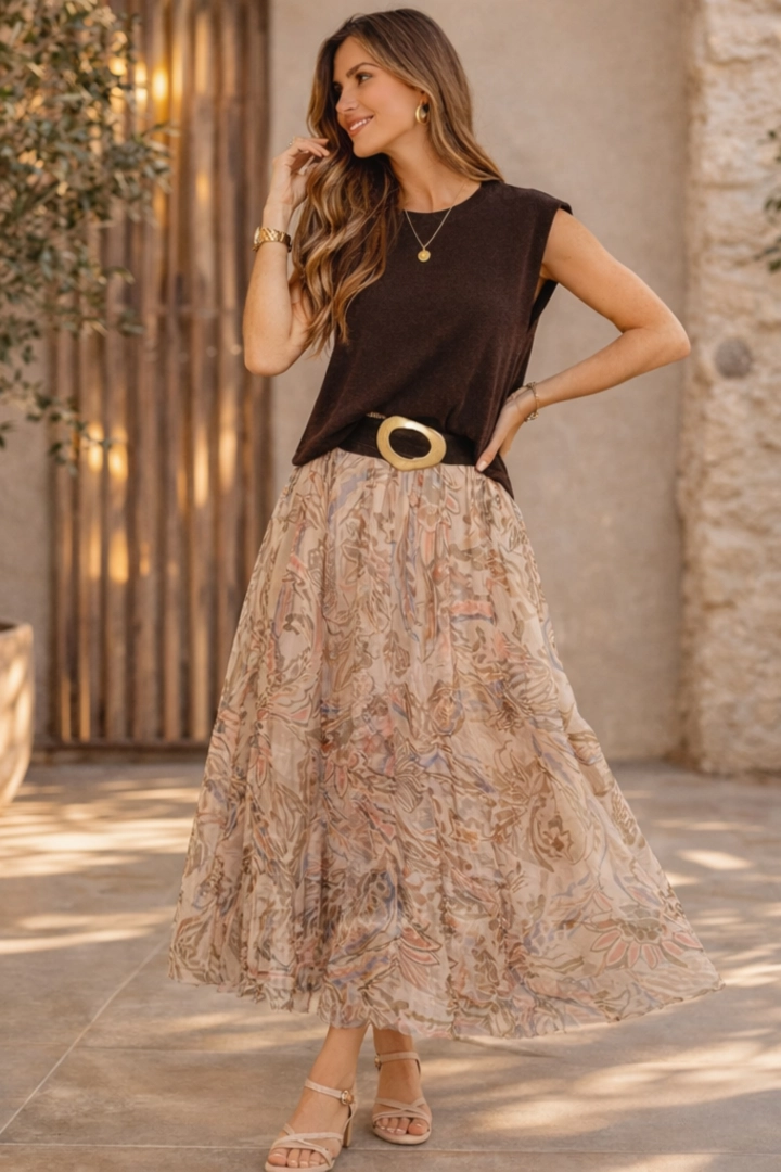 spódnica maxi boho tiulowa rozkloszowana beżowa z fango na lato na gumce Pesara Antaresa