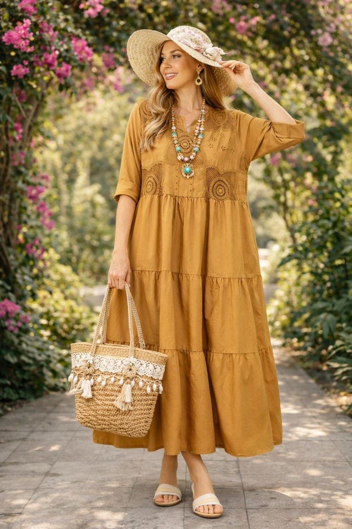 Sukienka maxi oversize rozkloszowana z dekoltem V długim rękawem ażurowymi wstawkami przeszyciami i falbanką Cavarzere camelowa