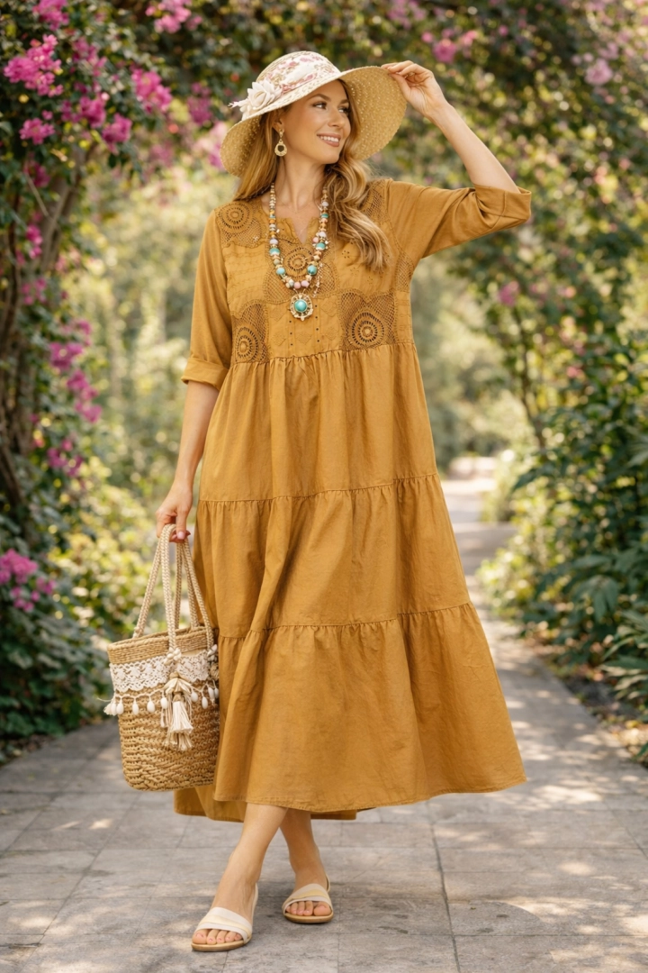 Rozkloszowana sukienka maxi oversize camelowa z dekoltem V długim rękawem ażurowymi wstawkami przeszyciami i falbanką Cavarzere