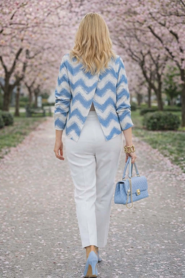 bluzka damska Isarco błękitna elegancka zygzak i kwiat kopertowy tył na wiosnę lato