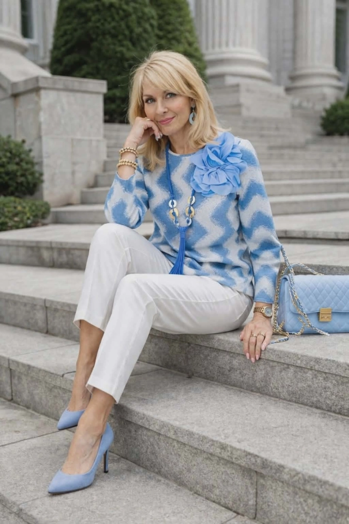 elegancka bluzka damska błękitna z długim rękawem wzór falisty z kwiatem kopertowy tył Isarco