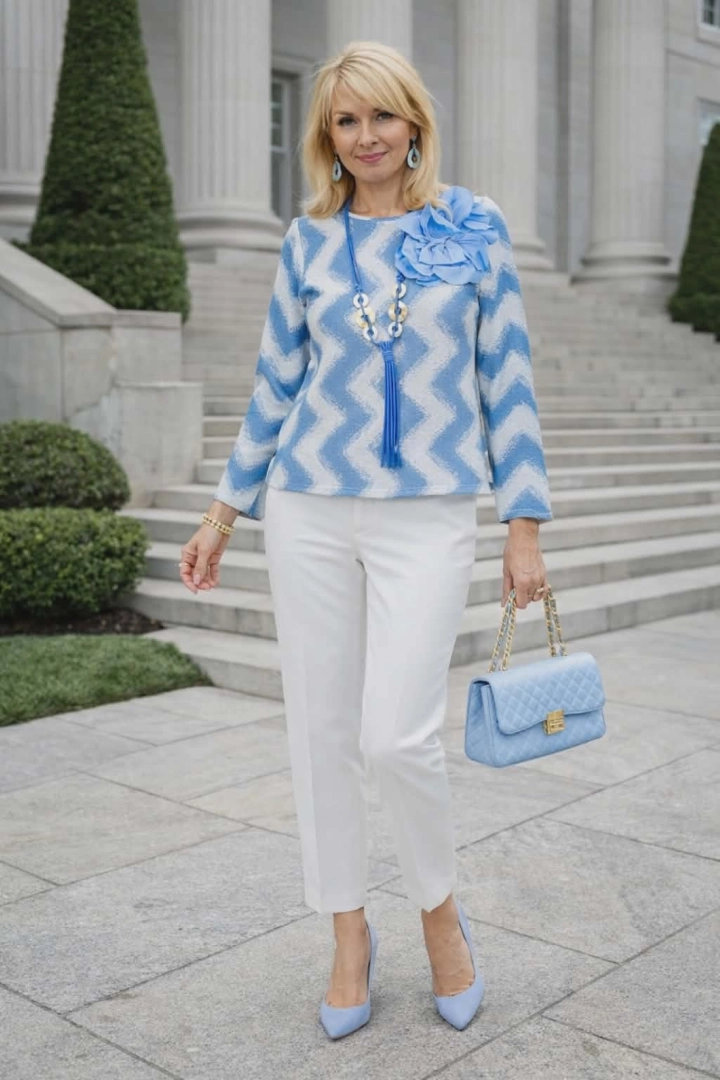 bluzka damska błękitna casual elegancka zygzak print z dekoracyjnym kwiatem Antaresa Isarco