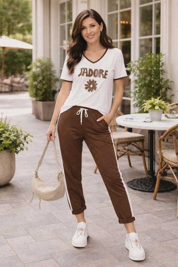 Bluzka damska z krótkim rękawem asymetryczna z dekoltem V i nadrukiem Varcaturo ecru