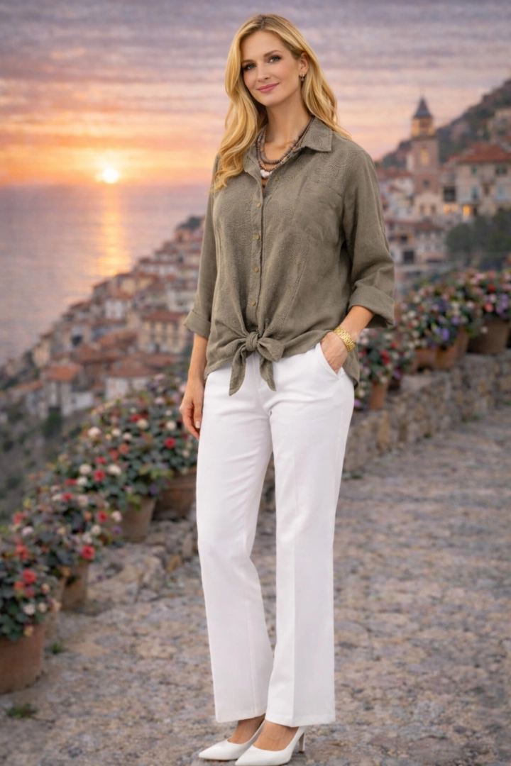  Koszula damska na guziki z długim rękawem kieszeniami wiązanym dołem i haftowanym wzorem Meolo fango