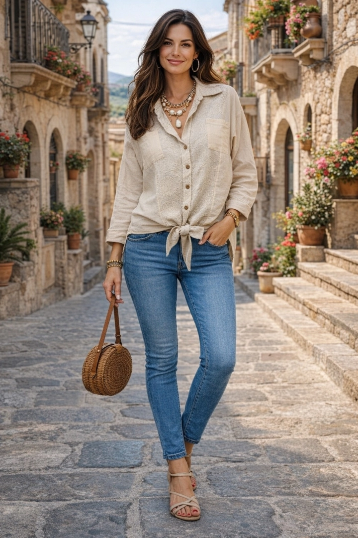  Koszula damska na guziki z długim rękawem kieszeniami wiązanym dołem i haftowanym wzorem Meolo beżowa