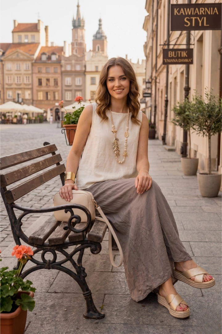 Spodnie palazzo damskie bawełniane gniecione fango z wysokim stanem na gumce kieszeniami i podszewką Baucina